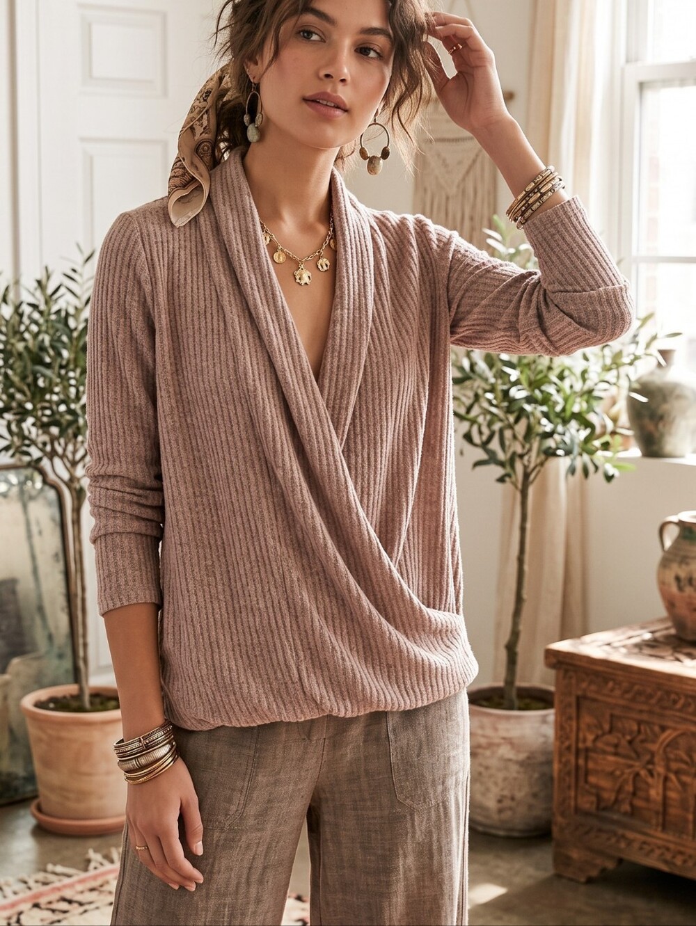 Anthropologie Akemi + Kin Ultra Soft Draped Ribbed Wrap Sweater Oatmeal S